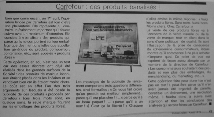 Article de presse présentant les produits libres Carrefour en 1976 (extrait de Emballages avril 1976)