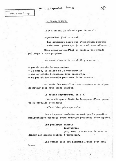 Script de réunion de présentation des produits libres aux directeurs des magasin Carrefour utilisé par Denis Defforey en février 1976