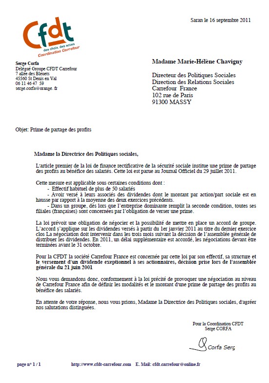 Carrefour CFDT serge corfa courrier direction relations sociales