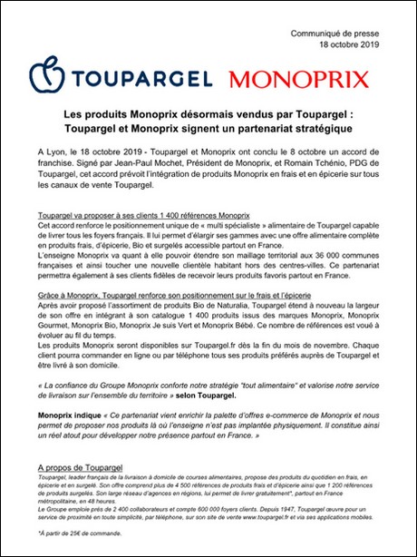 Toupargel va distribuer des produits Monoprix